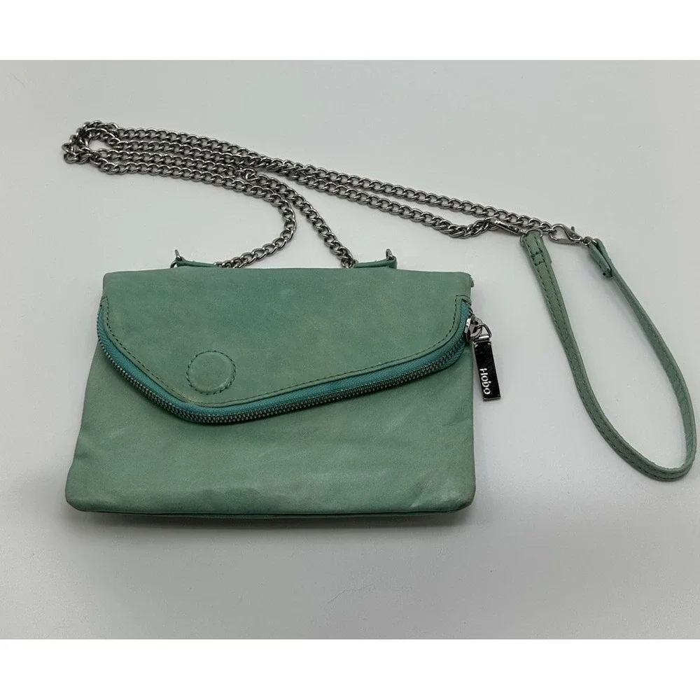 Hobo Bag The Original Daria Leather Crossbody Embossed Aqua Silver Chain Strap